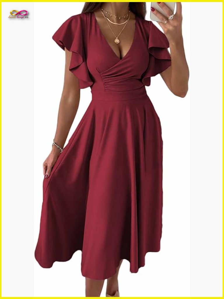 Fit And Flare Midi Dress With Ruffle Cap Sleeve V Neck Zipper Back